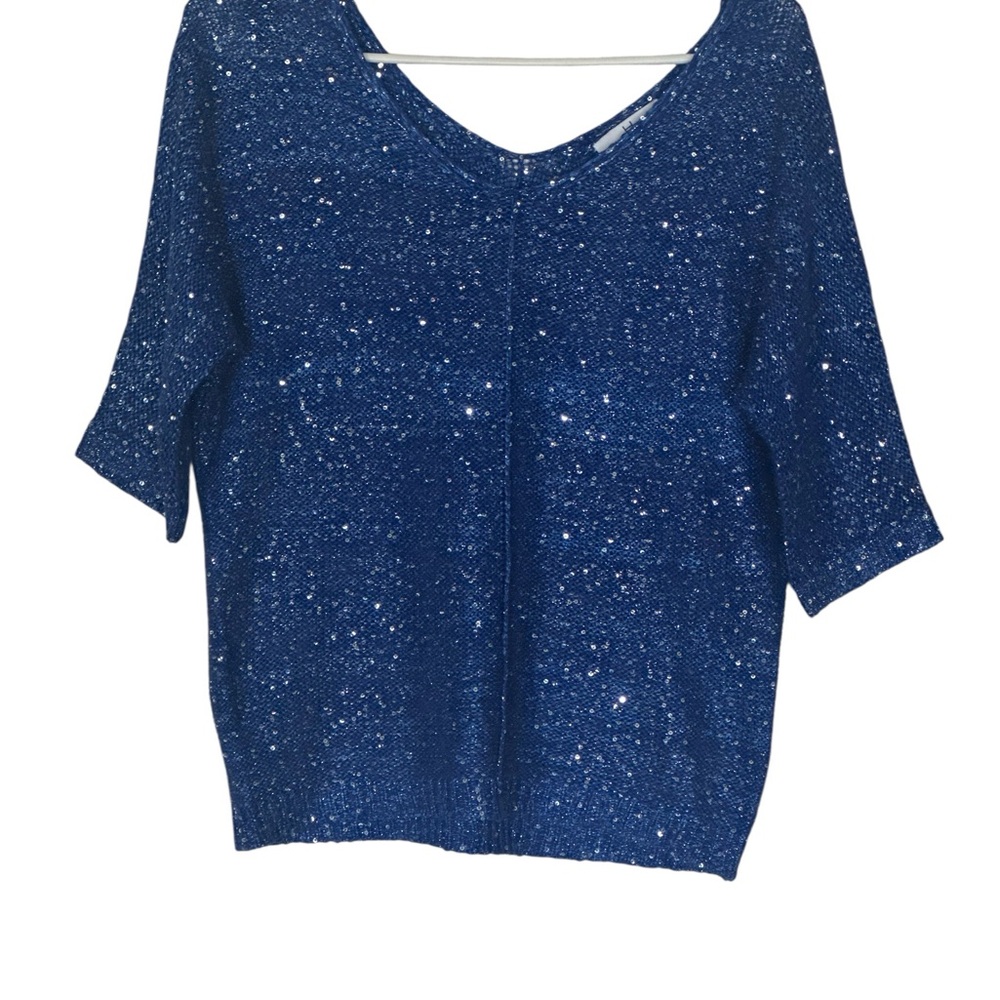 H by Halston Blue Sequin Knit Top Medium NWOT Sparkle Party Blouse - Picture 3 of 7